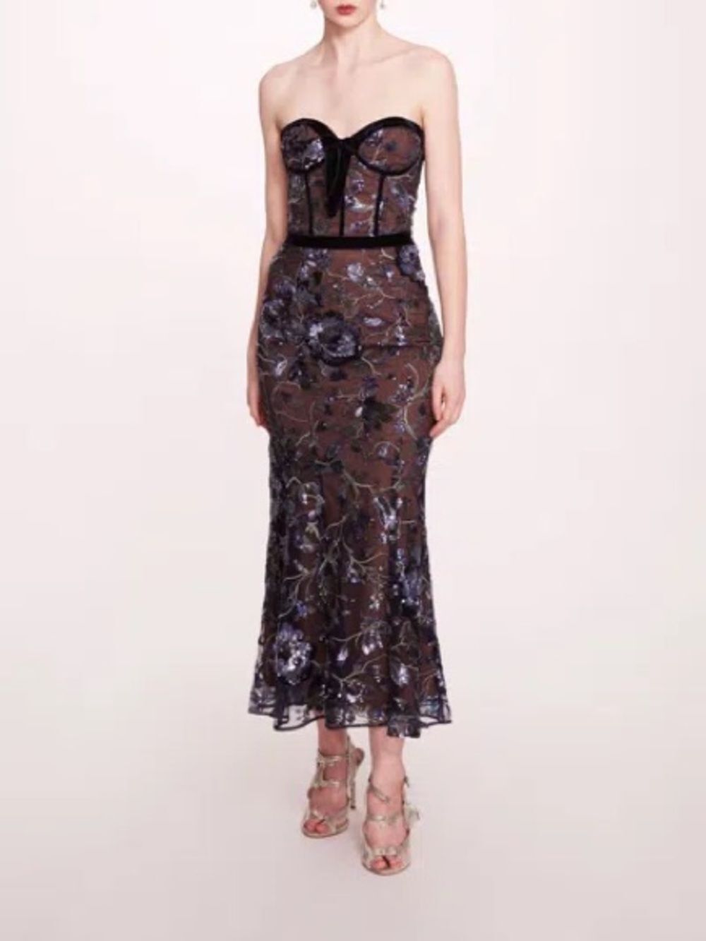 Marchesa Climbing Vines Midi Dress Crystal Ocean Strapless Sequin Embroidery - Picture 14 of 16